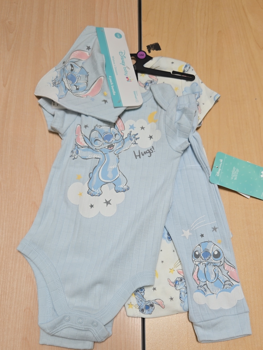 Disney Light Blue Stitch Ribbed One-Piece Bodysuit Set Nwt Bundle 4 Items 12 M